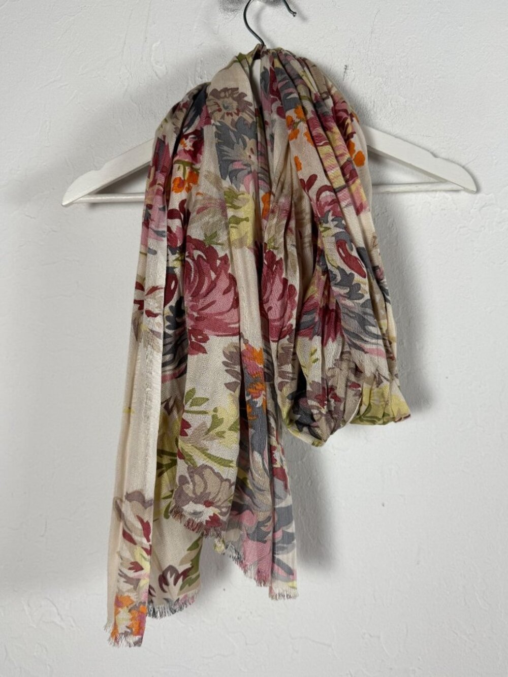Asian Eye Lightweight Scarf Wrap Floral Print Beige Multicolor 78x24 Fringe
